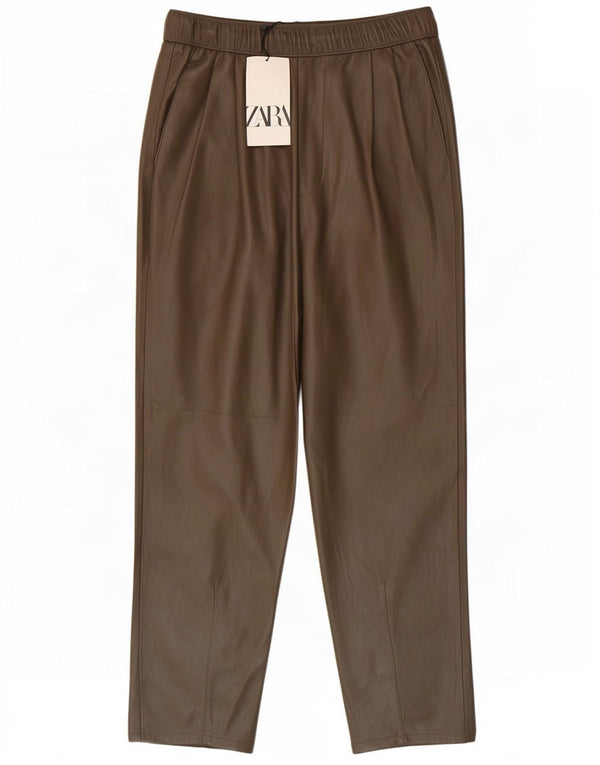Calça feminina reta de couro sintético Zara XS W24 L24 poliéster cáqui