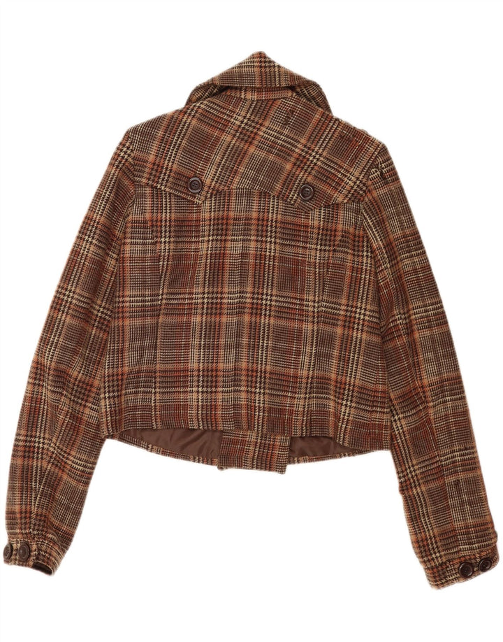 Casaco feminino vintage de ervilha UK 16 grande lã xadrez marrom