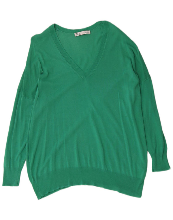 Zara Suéter feminino oversized com decote em V Reino Unido 14 algodão verde médio