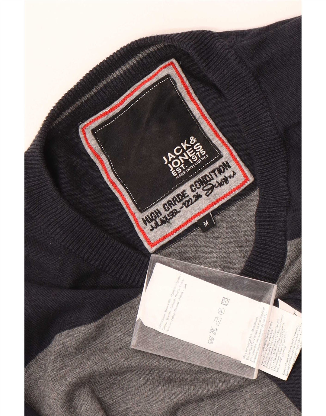 Suéter masculino Jack & Jones com decote em V médio azul marinho algodão colorblock