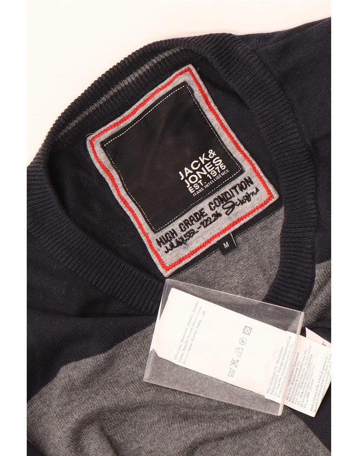 Suéter masculino Jack & Jones com decote em V médio azul marinho algodão colorblock