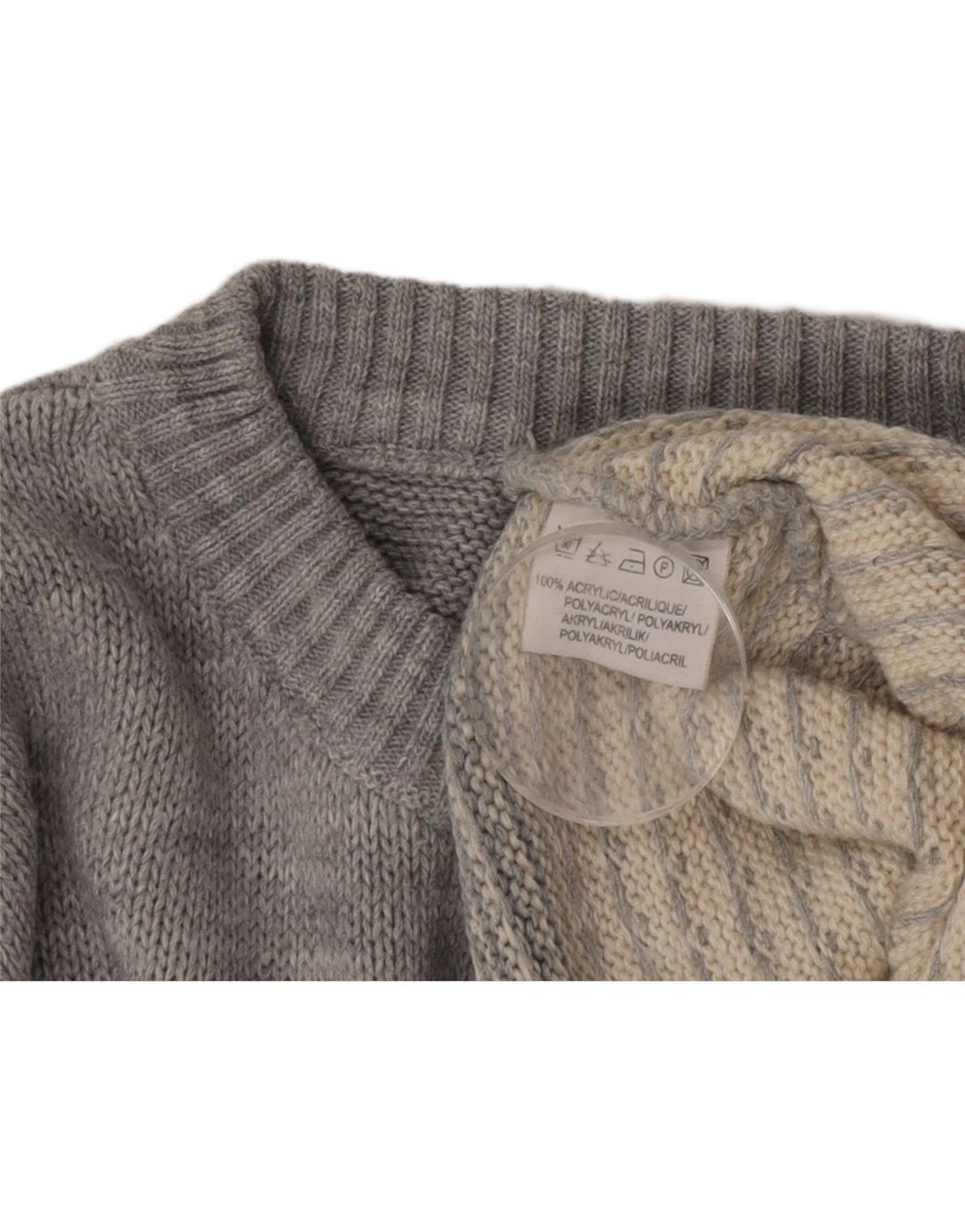 Suéter vintage masculino com gola redonda, cinza médio, acrílico Fair Isle