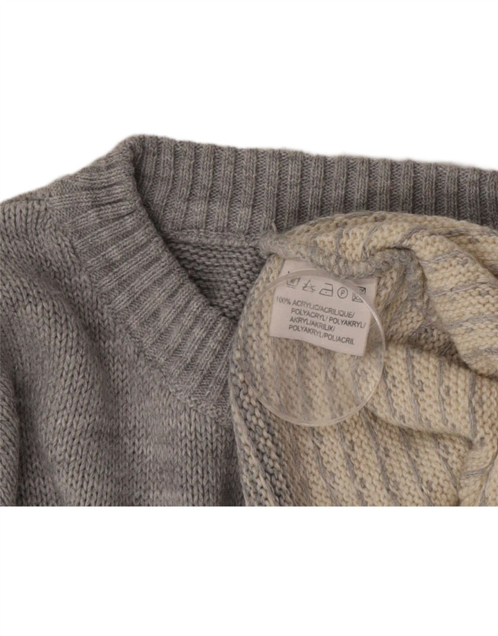 Suéter vintage masculino com gola redonda, cinza médio, acrílico Fair Isle