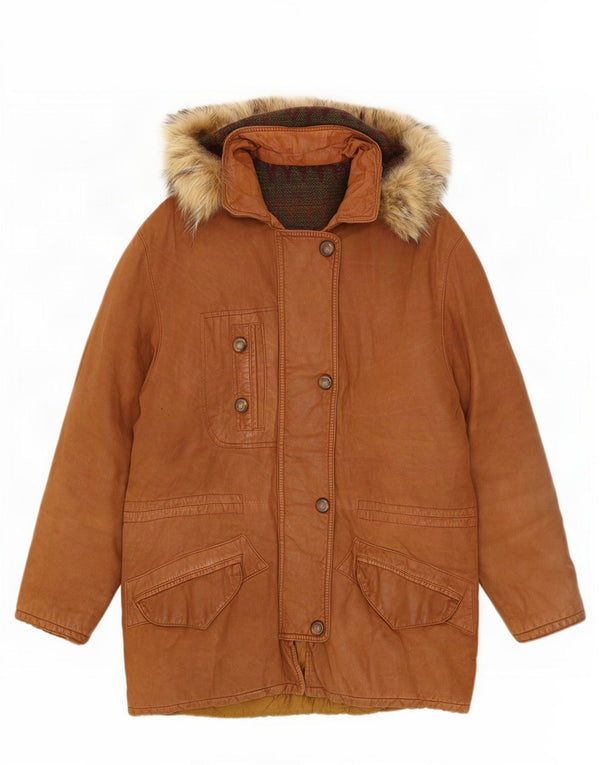 Casaco de couro com capuz feminino vintage Reino Unido 14 grande marrom