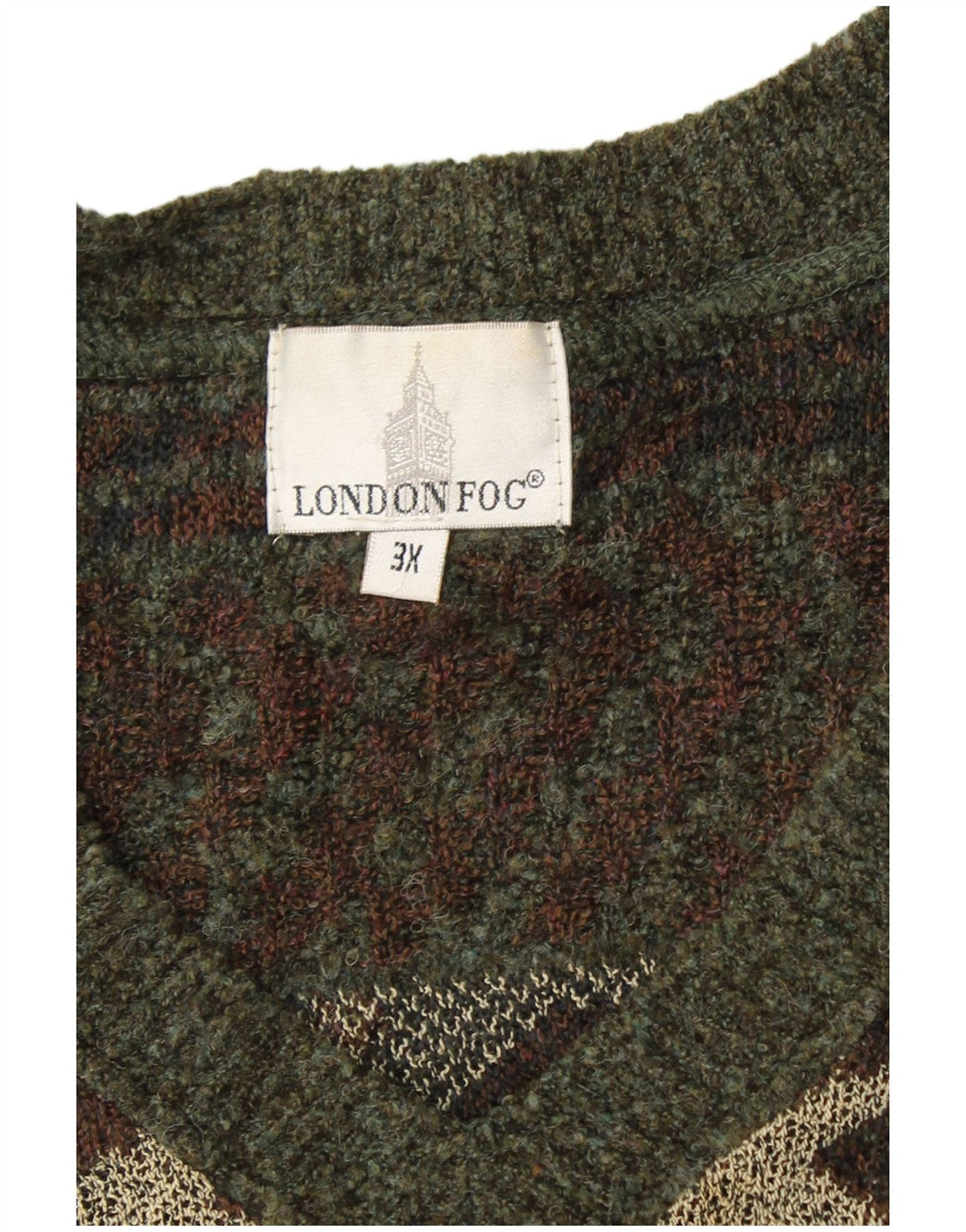 LONDON FOG Mens V-Neck Jumper Sweater 3XL Khaki Fair Isle