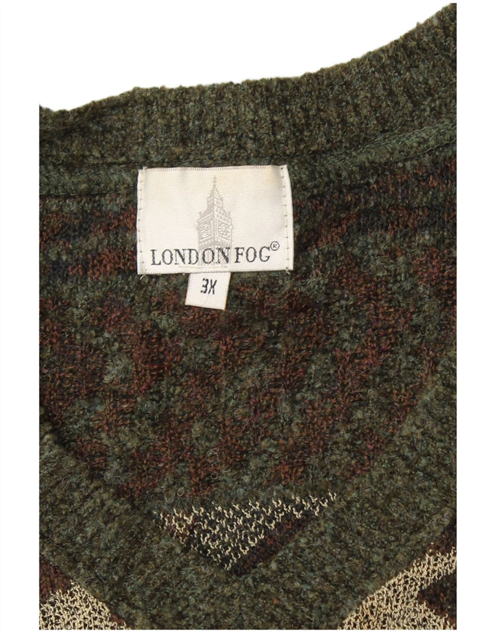 LONDON FOG Mens V-Neck Jumper Sweater 3XL Khaki Fair Isle