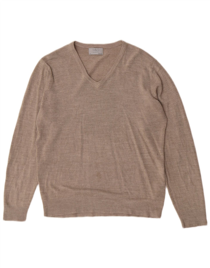 Suéter masculino Marks & Spencer com ajuste regular e decote em V, médio bege salpicado