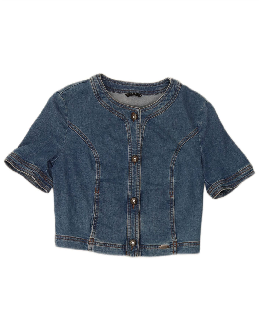Jaqueta jeans feminina Sisley crop manga curta Reino Unido 8 algodão azul pequeno