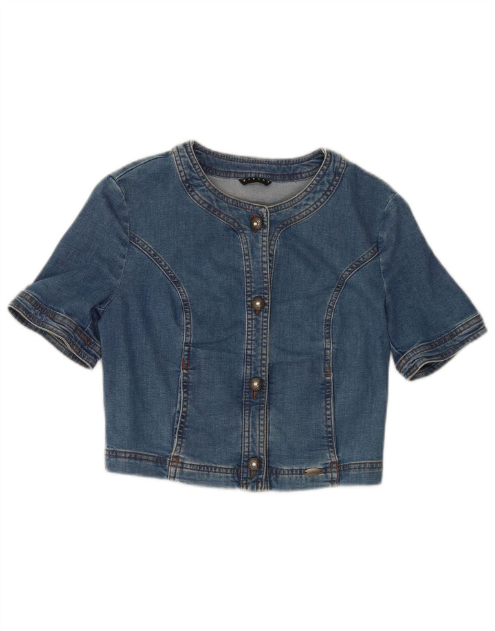 Jaqueta jeans feminina Sisley crop manga curta Reino Unido 8 algodão azul pequeno