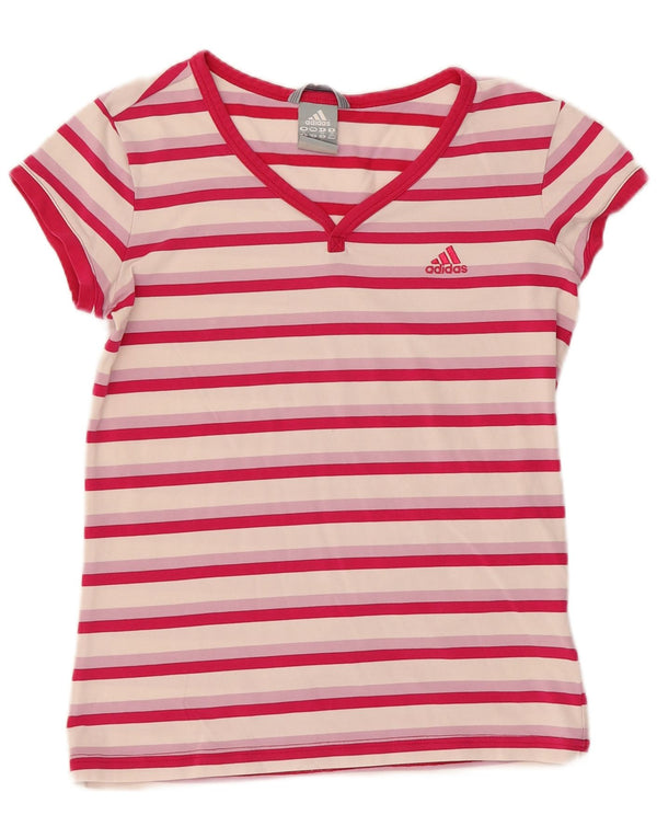 Adidas Womens Climalite T-Shirt Top UK 12 Médio Rosa Listrado Algodão