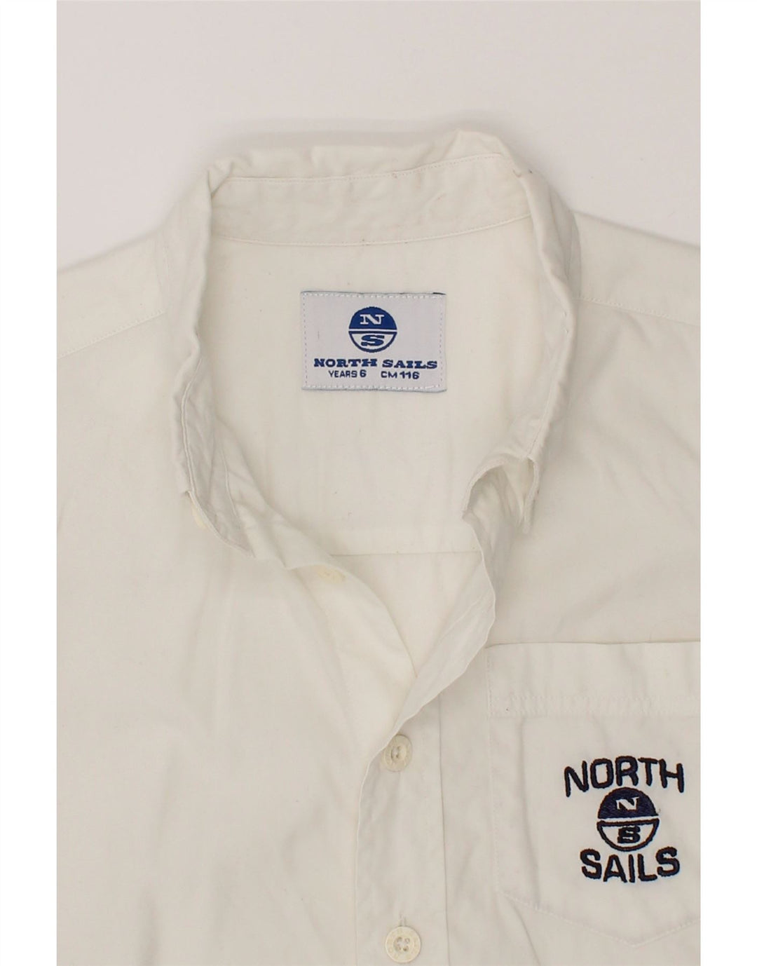 NORTH SAILS Boys Sailmaking Graphic Shirt 5-6 Years White Cotton Vintage North Sails and Second-Hand North Sails from Messina Hembry 