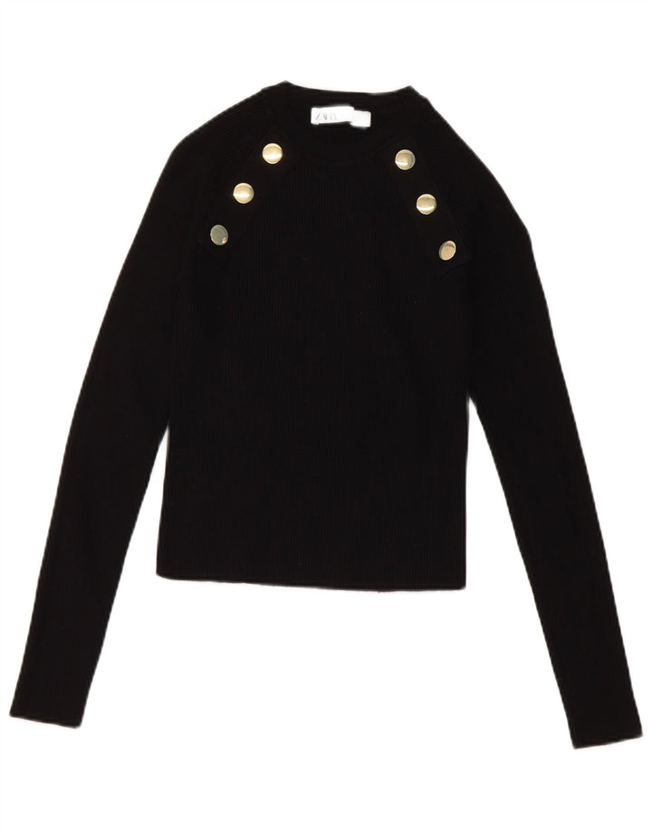 Zara Top curto feminino manga comprida Reino Unido 14 grande viscose preta