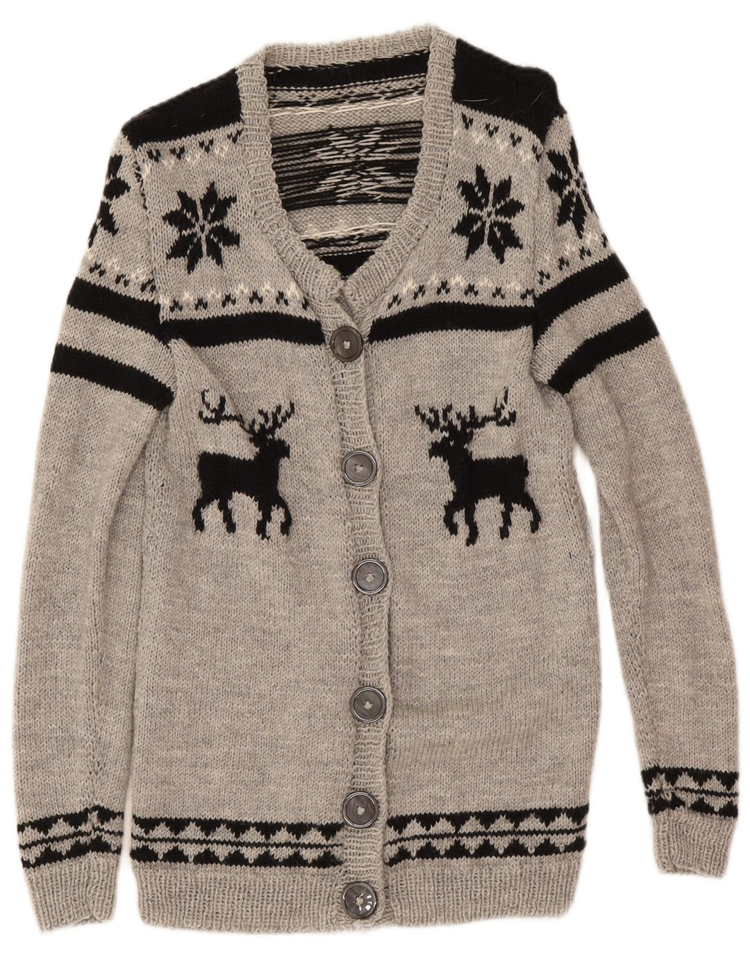 Suéter cardigã feminino vintage Reino Unido 12 cinza médio Fair Isle