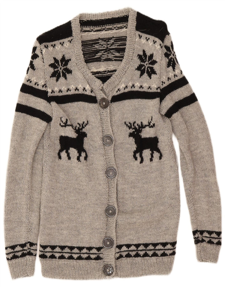 Suéter cardigã feminino vintage Reino Unido 12 cinza médio Fair Isle
