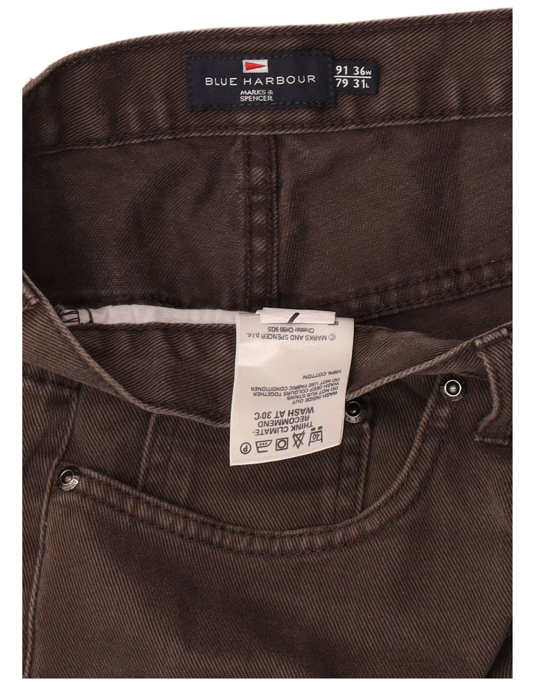 Calça jeans reta masculina Marks & Spencer Blue Harbor W36 L31 algodão marrom