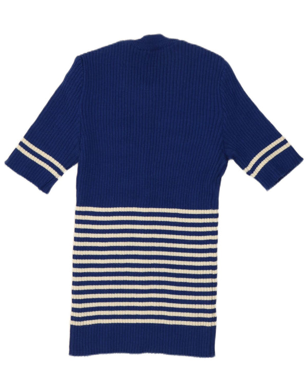 Suéter feminino vintage com gola redonda UK 12 listrado azul médio