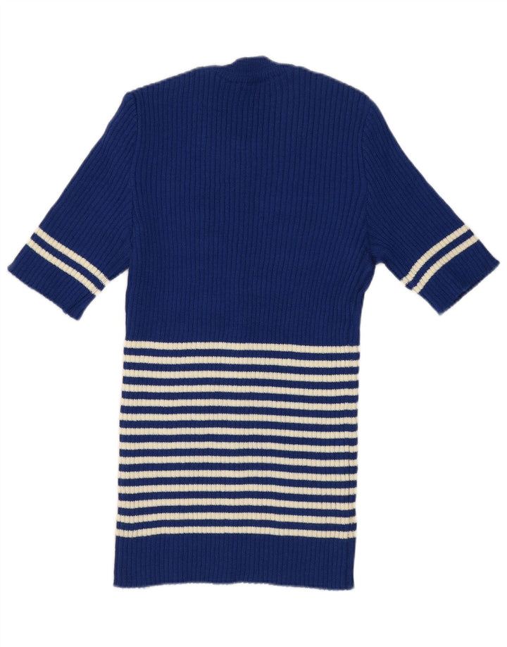 Suéter feminino vintage com gola redonda UK 12 listrado azul médio