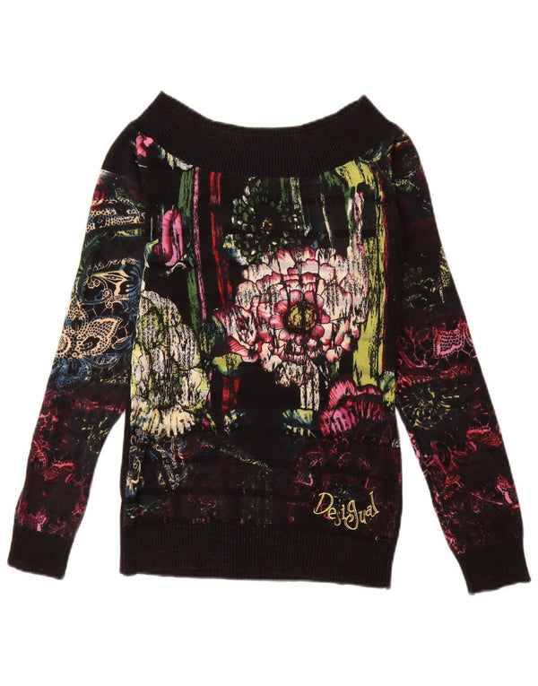 Suéter feminino Desigual com gola canoa UK 12 médio preto floral