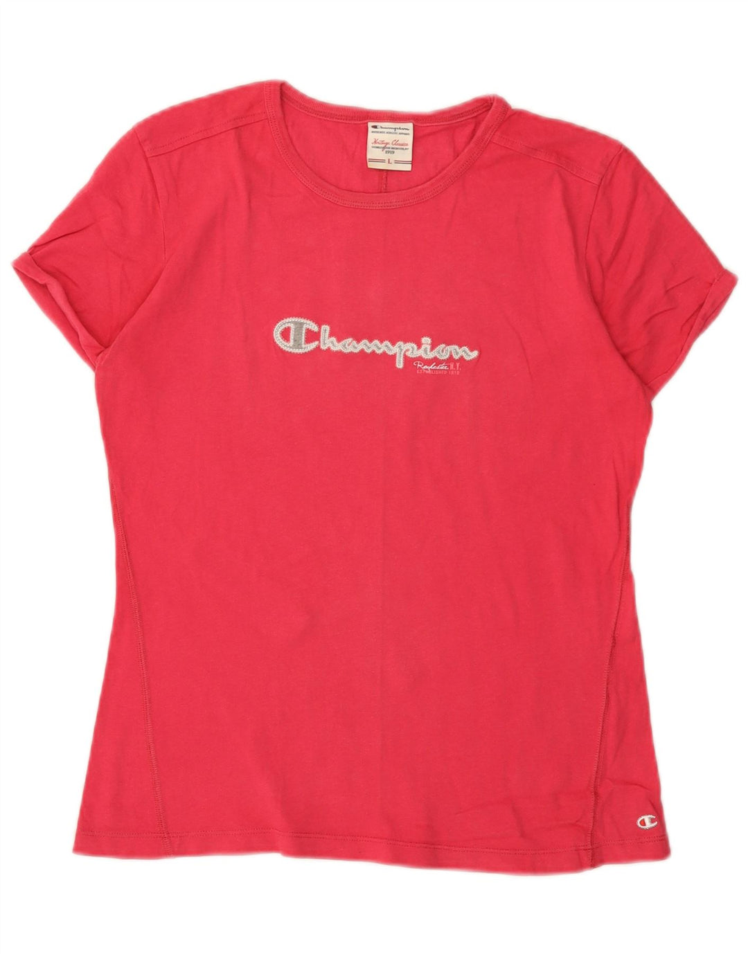 Camiseta feminina CHAMPION Heritage Classics com estampa UK 14 grande rosa