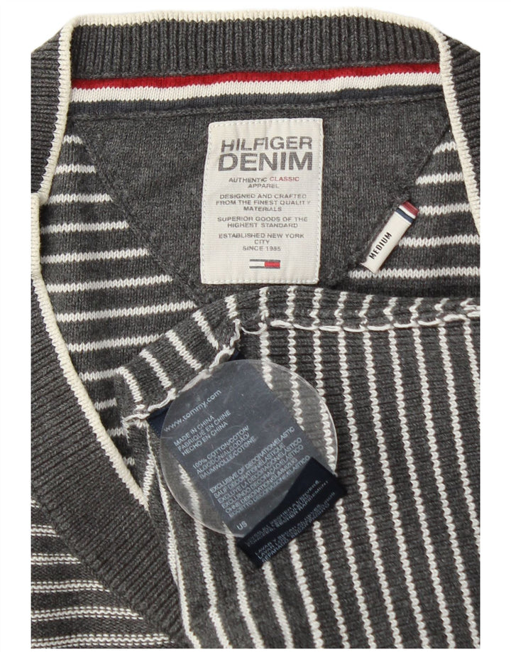TOMMY HILFIGER Suéter masculino com gola V e algodão listrado cinza médio
