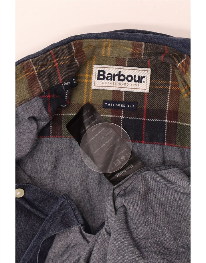Camisa jeans masculina Barbour sob medida, pequena, azul marinho, algodão