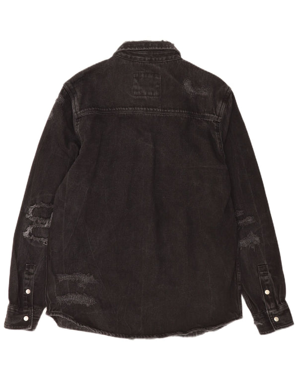 Camisa jeans masculina Zara com ajuste relaxado e desgastado grande algodão preto