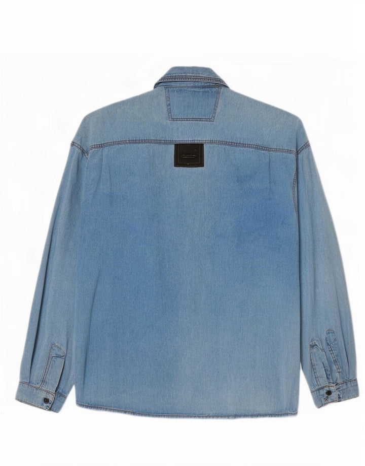 Camisa jeans masculina vintage grande bloco colorido azul