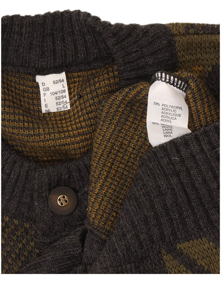 Suéter cardigã masculino vintage grande poliacrílico geométrico cinza