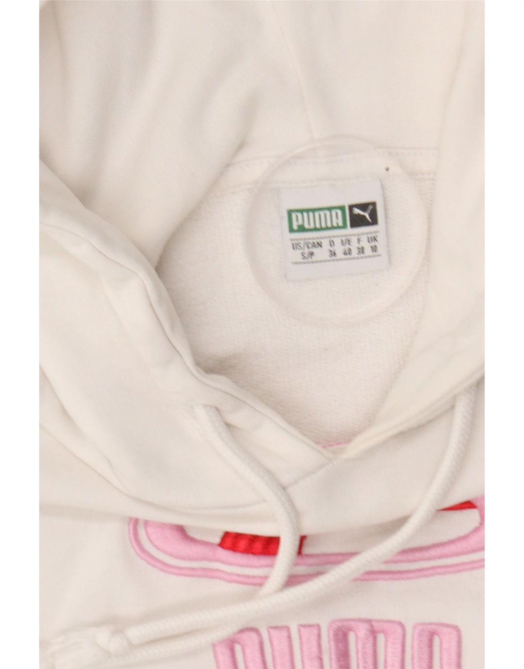 PUMA Womens Graphic Hoodie Jumper UK 10 Small Off White Cotton Vintage Puma and Second-Hand Puma from Messina Hembry 