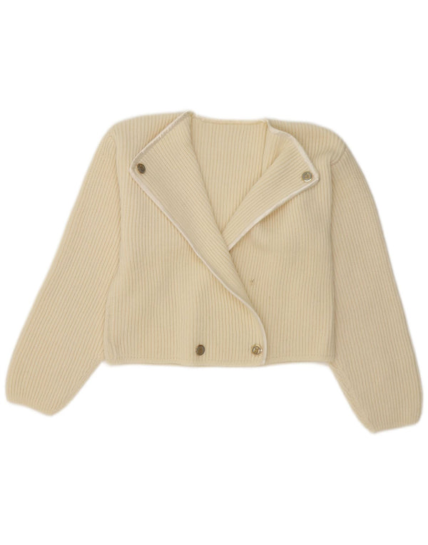 Suéter cardigã feminino vintage com peito duplo UK 14 médio off white