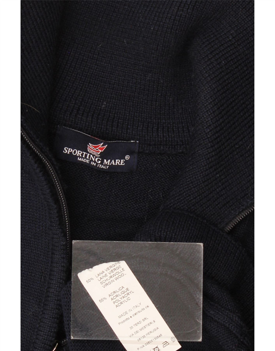 Suéter masculino Sporting Mare com zíper e gola em lã virgem azul marinho grande