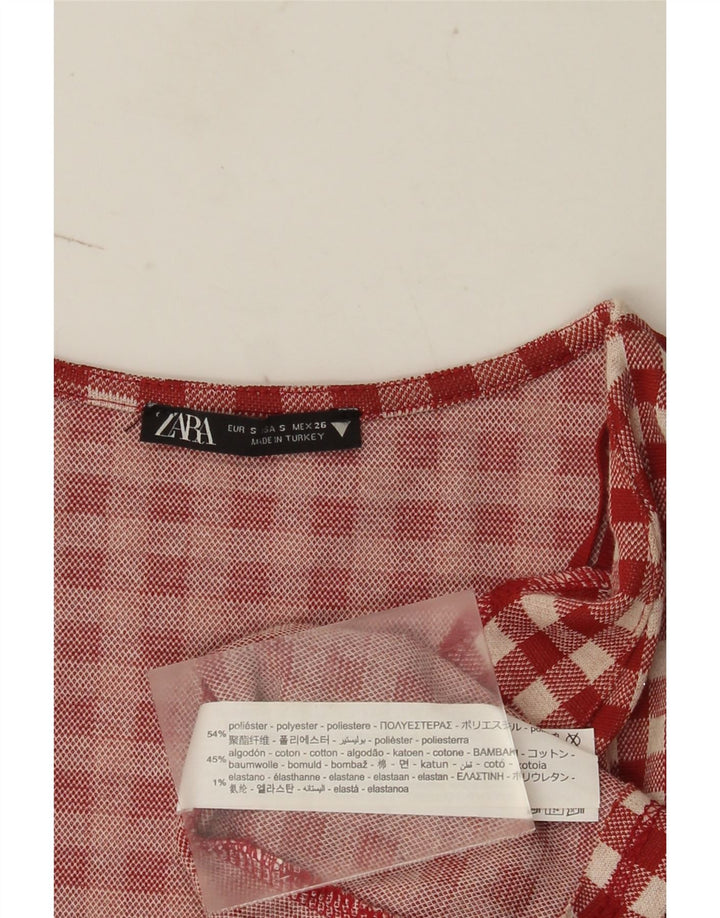 Vestido feminino Zara A-Line UK 8 pequeno poliéster vermelho guingão