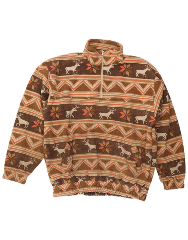 Velo masculino vintage com zíper e gola jumper grande estampa animal marrom