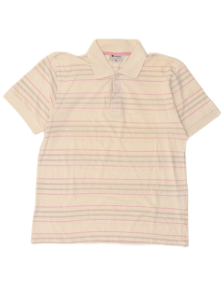 Camisa polo masculina Champion de algodão listrado branco médio