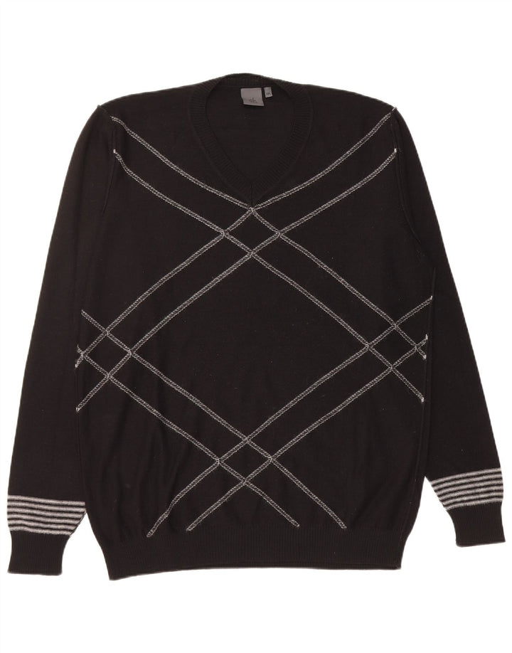 CALVIN KLEIN Mens V-Neck Jumper Sweater 2XL Black Geometric Wool