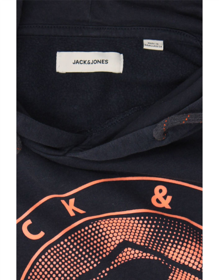 JACK & JONES Mens Graphic Hoodie Jumper Medium Navy Blue Cotton Vintage Jack & Jones and Second-Hand Jack & Jones from Messina Hembry 