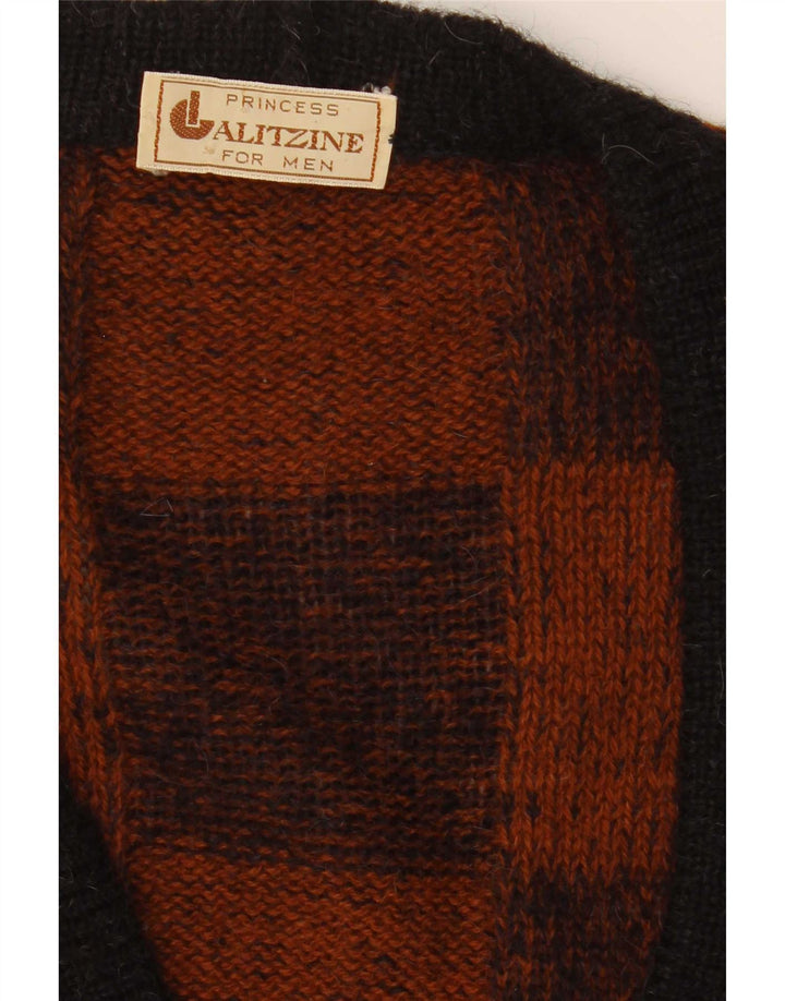 Suéter cardigã masculino vintage grande marrom geométrico