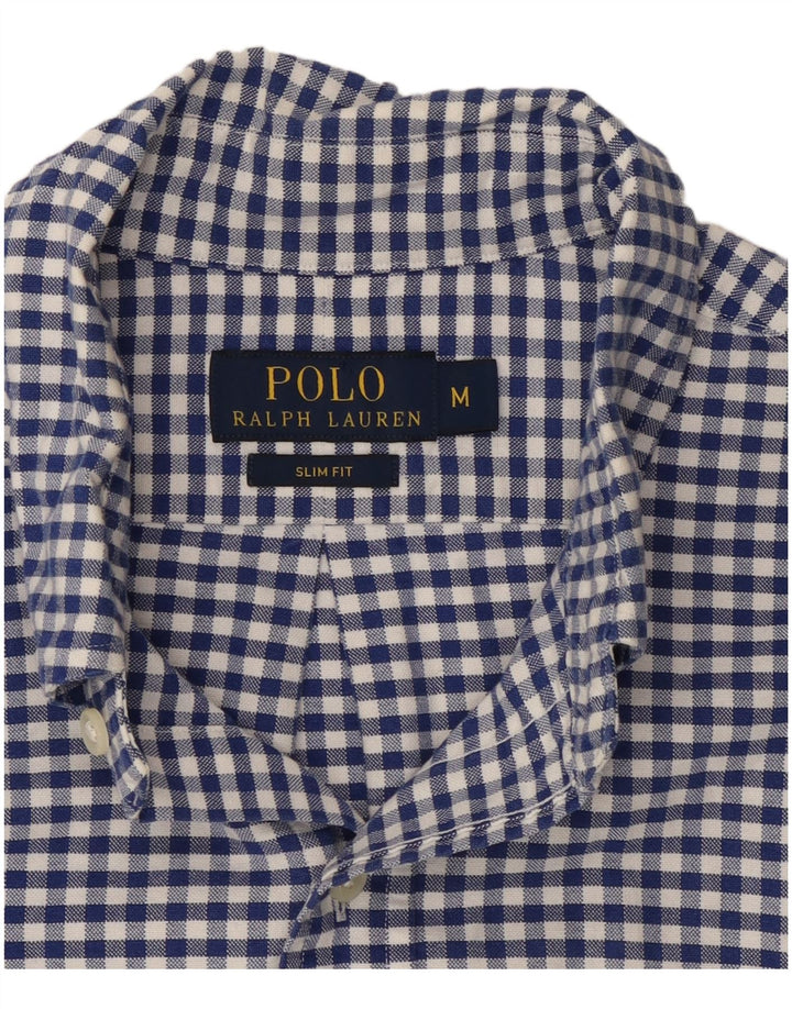 Camisa polo Ralph Lauren masculina slim fit média azul guingão