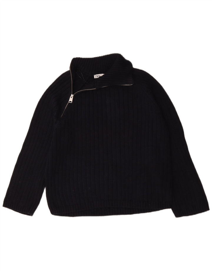 Suéter masculino Zara Regular Fit com zíper e gola pequena de algodão azul marinho
