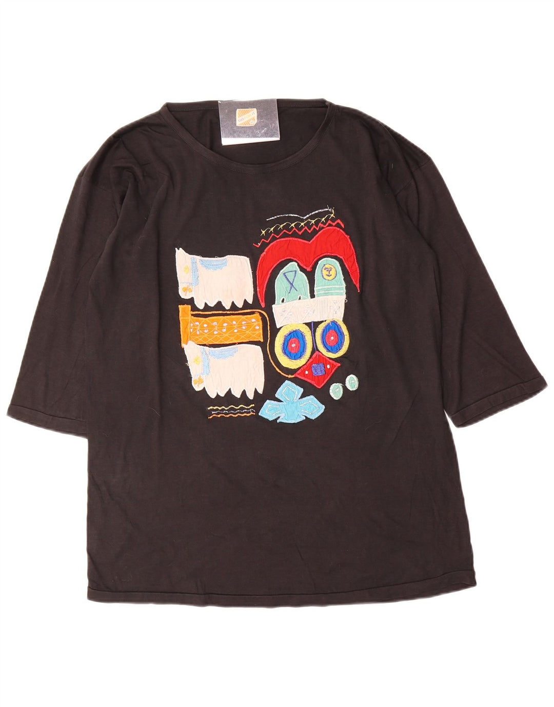 Top gráfico feminino vintage manga 3/4 Reino Unido 14 algodão preto médio