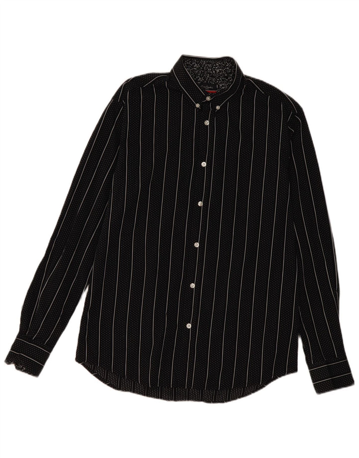 Camisa masculina Pierre Cardin Regular Fit média preta listrada de algodão