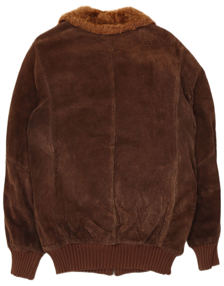 Jaqueta bomber masculina vintage de camurça sherpa Reino Unido 36 pequena marrom