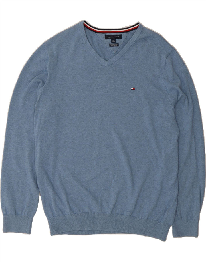 TOMMY HILFIGER Mens V-Neck Jumper Sweater Large Blue Cotton Vintage Tommy Hilfiger and Second-Hand Tommy Hilfiger from Messina Hembry 