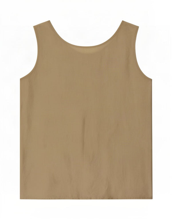 Blusa feminina vintage sem mangas UK 14 seda cáqui média