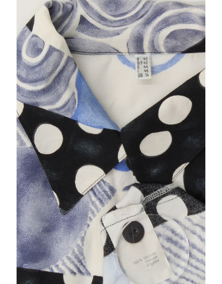 Blusa feminina vintage de manga curta UK 14 grande azul patchwork viscose