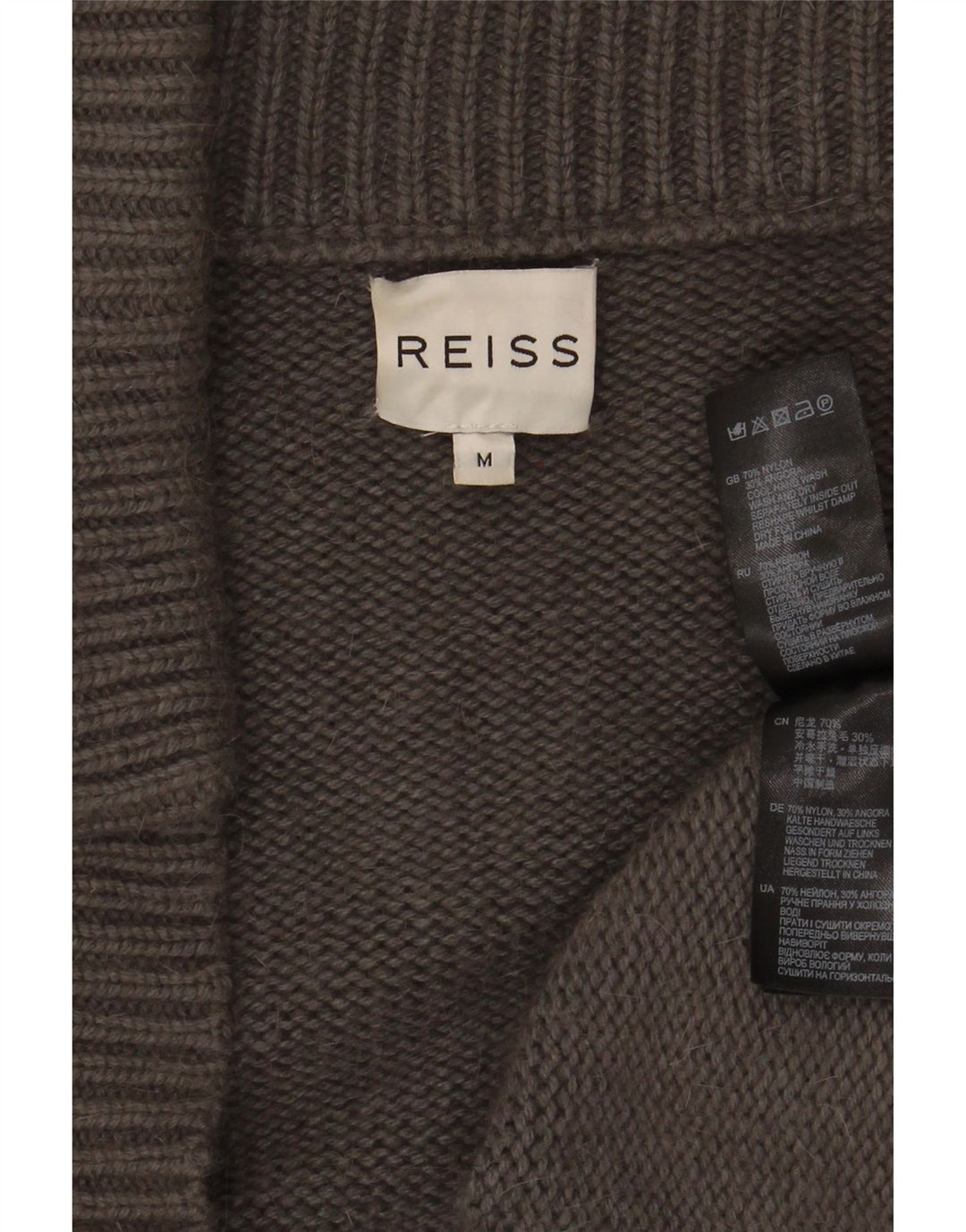Suéter de cardigã aberto feminino Reiss Reino Unido 14 nylon cinza médio