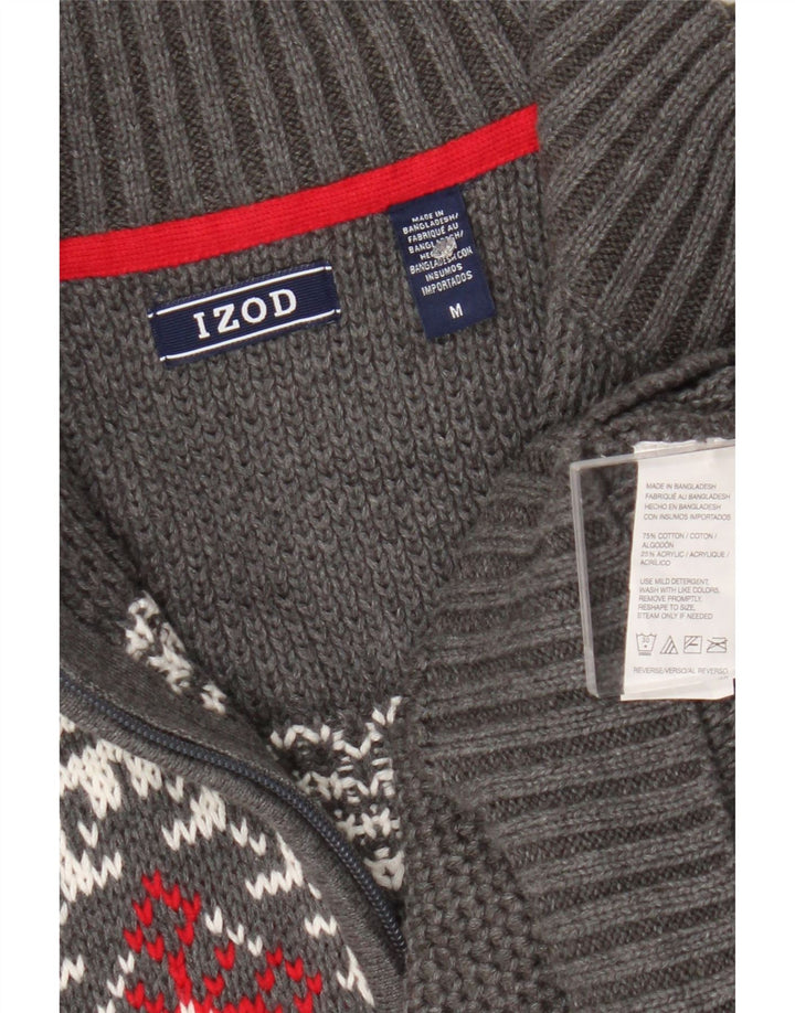 Suéter masculino Izod com zíper e gola em algodão Fair Isle cinza médio