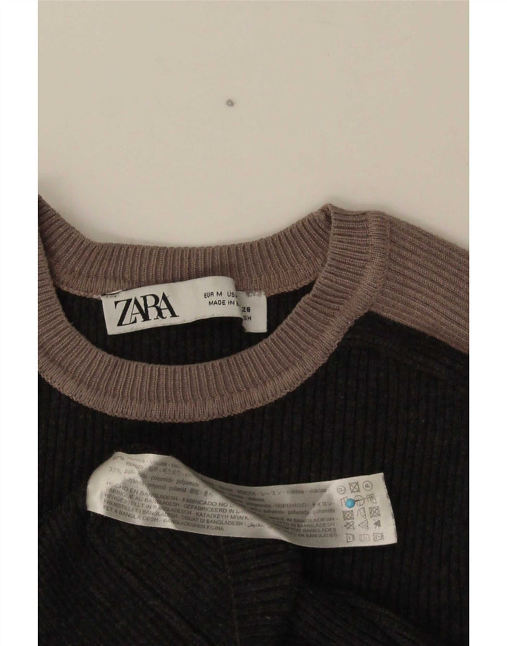 Zara Crop Top Feminino Manga Longa Reino Unido 12 Cinza Médio Colourblock Viscose