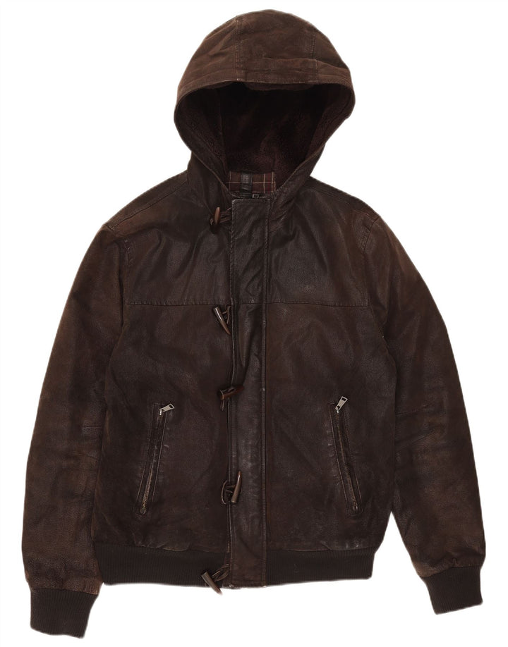 Jaqueta masculina de couro com capuz Conbipel IT 50 couro marrom médio