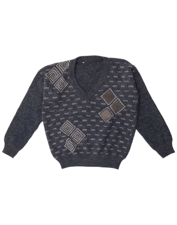 Suéter masculino vintage com decote em V médio azul marinho geométrico